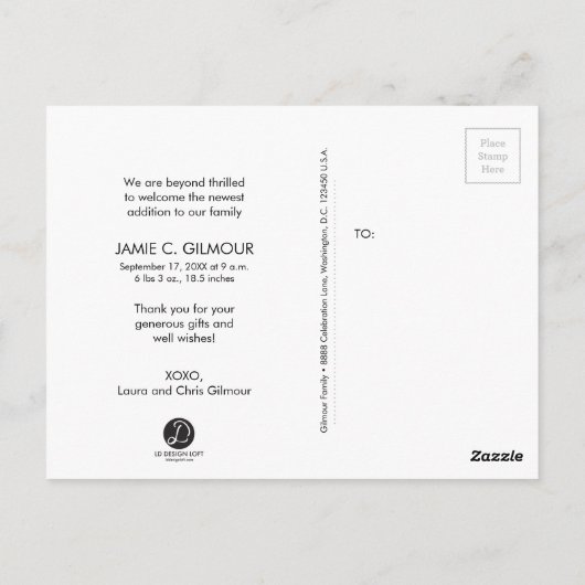 Gepersonaliseerde Baby geboorteaankondiging Dank u Briefkaart (Achterkant)