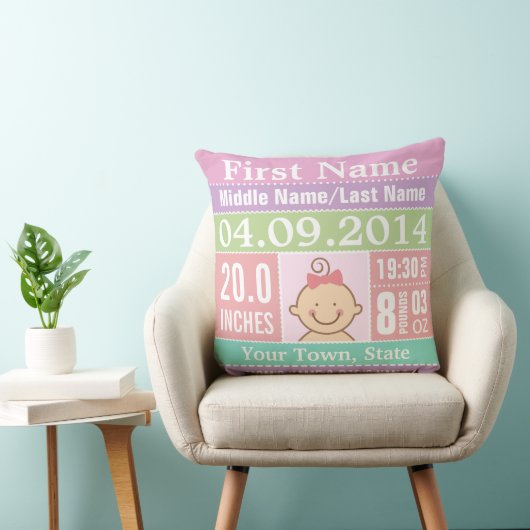 Gepersonaliseerde baby Girl Birth Stats Pillow Kussen (Stoel)