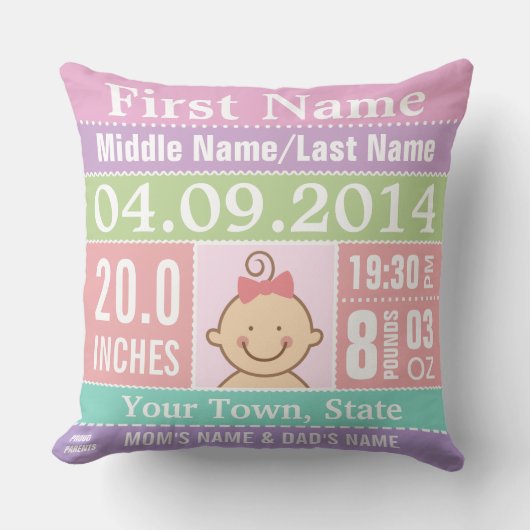 Gepersonaliseerde baby Girl Birth Stats Pillow Kussen (Voorkant)