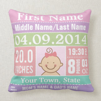 Gepersonaliseerde baby Girl Birth Stats Pillow Kussen