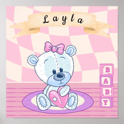 Gepersonaliseerde baby Girl Teddy Bear Nursery Poster (Voorkant)