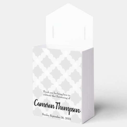 Gepersonaliseerde Baby Grijs Goud Kruis doopsel Bedankdoosjes (Geopend)