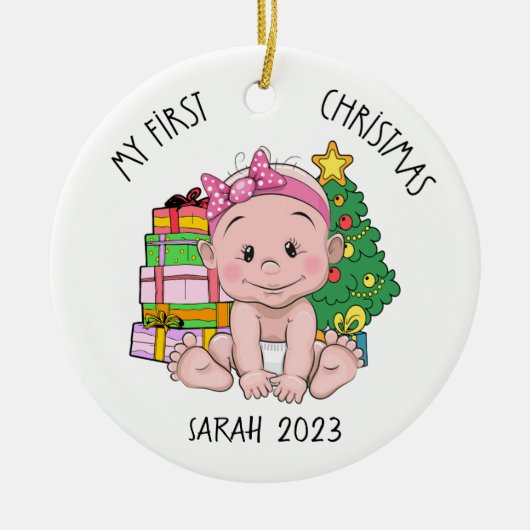 Gepersonaliseerde Baby Meisje Eerste Kerstmis Orna Keramisch Ornament (Voorkant)
