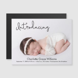 Gepersonaliseerde baby meisje foto geboorte aankon magnetische uitnodiging
