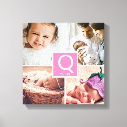 Gepersonaliseerde baby meisje monogram fotocollage canvas afdruk (Voorkant)