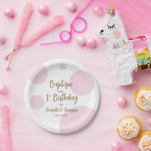 Gepersonaliseerde Baby Meisje Roze Doop & Goud Cus Papieren Bordje (Feest)