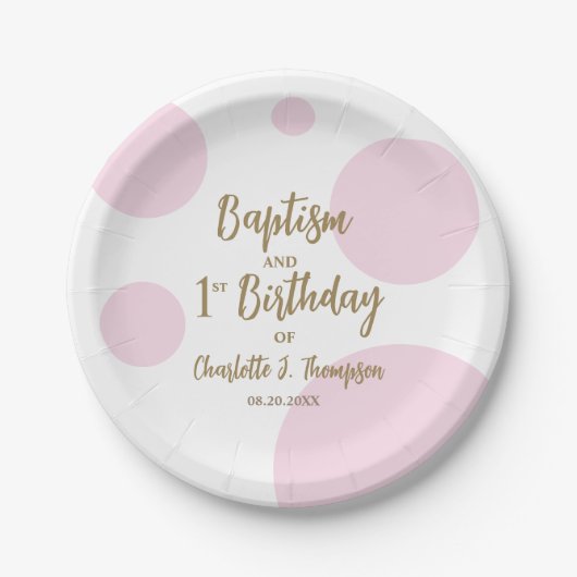 Gepersonaliseerde Baby Meisje Roze Doop & Goud Cus Papieren Bordje (Voorkant)