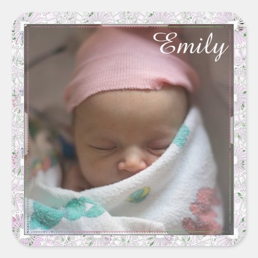 Gepersonaliseerde Baby Meisje Roze Geborstelde Sti Vierkante Sticker (Voorkant)