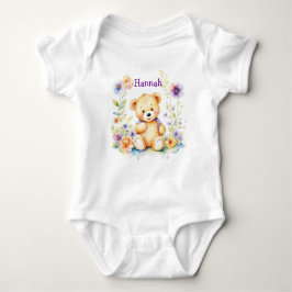 Gepersonaliseerde Baby Meisje Teddy Beer en Bloeme Romper