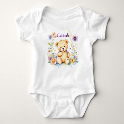 Gepersonaliseerde Baby Meisje Teddy Beer en Bloeme Romper (Voorkant)