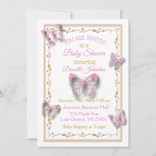 Gepersonaliseerde Baby Meisje Vlinder Baby shower Kaart (Voorkant)