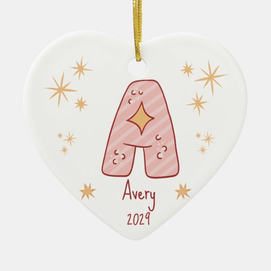 Gepersonaliseerde Baby Meisje's Eerste Kersthart Keramisch Ornament (Voorkant)