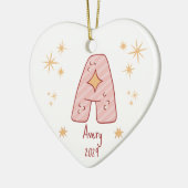 Gepersonaliseerde Baby Meisje's Eerste Kersthart Keramisch Ornament (Links)
