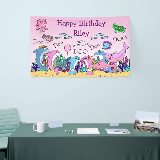 Gepersonaliseerde Baby Shark Family verjaardagsfee Spandoek (Beurs)