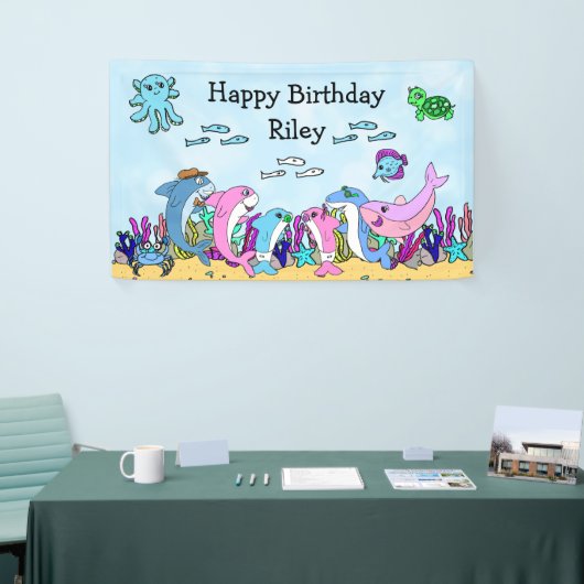 Gepersonaliseerde Baby Shark Family verjaardagsfee Spandoek (Beurs)
