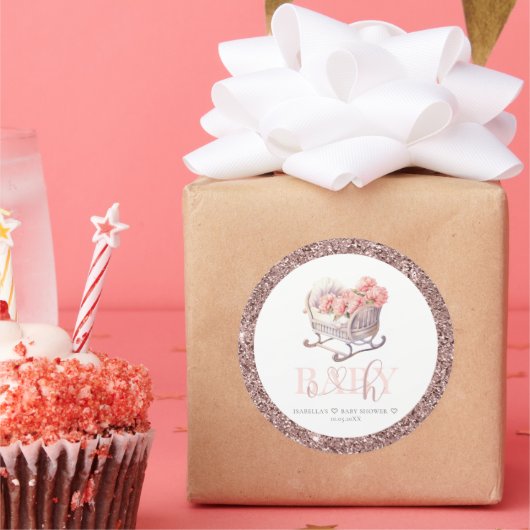 Gepersonaliseerde Baby shower Glitter Baby Basket Ronde Sticker (Feest)