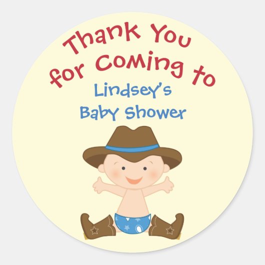 Gepersonaliseerde Baby shower Stickers in Cowboy t (Voorkant)