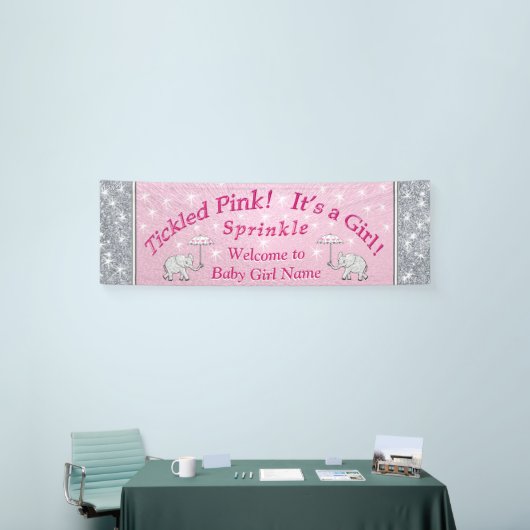 Gepersonaliseerde Baby sprinkelbanner, roze en wit Spandoek (Beurs)