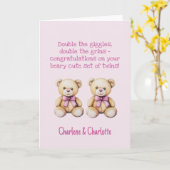 Gepersonaliseerde Baby Twins Gefeliciteerd, Beren Kaart (Gele Bloem)