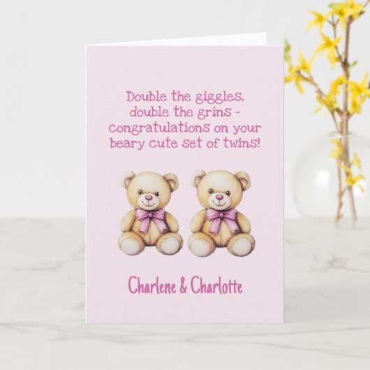 Gepersonaliseerde Baby Twins Gefeliciteerd, Beren Kaart (Gele Bloem)