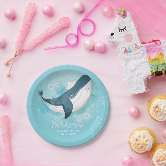 Gepersonaliseerde Baby Whale Blue Verjaardag Papieren Bordje (Feest)