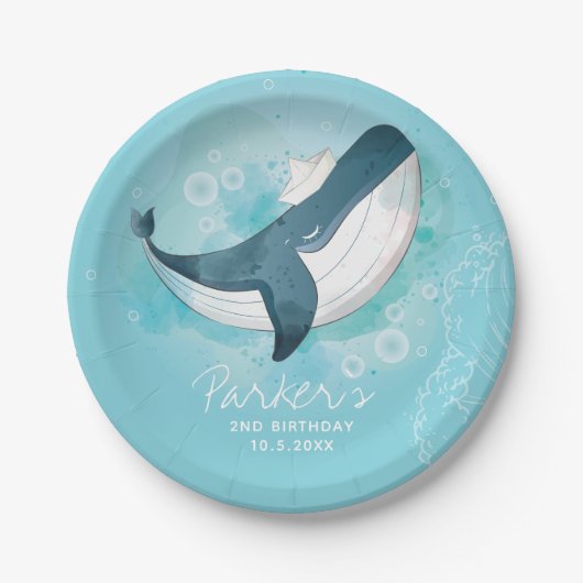 Gepersonaliseerde Baby Whale Blue Verjaardag Papieren Bordje (Voorkant)