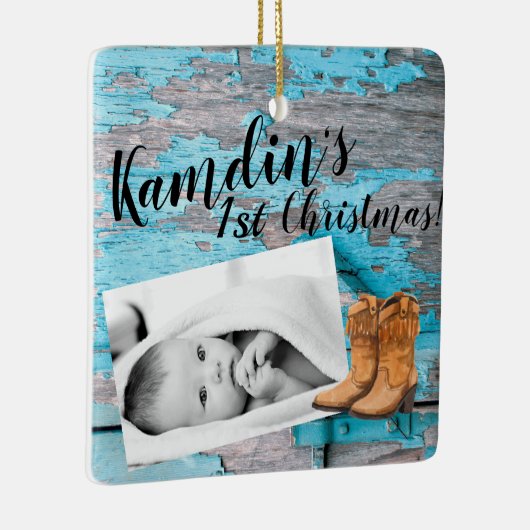 Gepersonaliseerde Baby XMAS Ornament Blauw Hout Sc (Rechts)