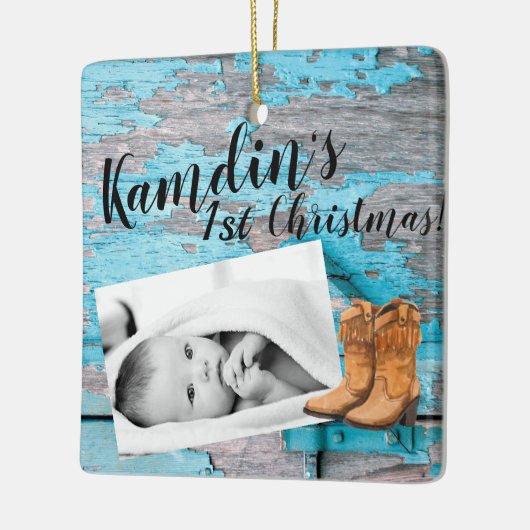 Gepersonaliseerde Baby XMAS Ornament Blauw Hout Sc (Links)