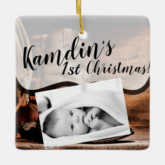 Gepersonaliseerde Baby XMAS Ornament Cowboy laarss (Voorkant)
