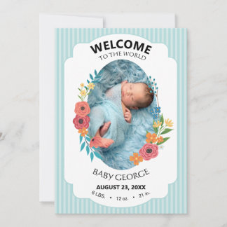 gepersonaliseerde babyblauwe bloemengeboortekaarte