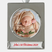 Gepersonaliseerde Baby's 1e kerst met foto Verzilverd Banner Ornament (Voorkant)