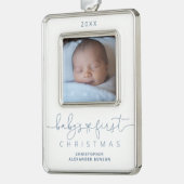 Gepersonaliseerde baby's 1e kerstfoto verzilverd omlijst ornament (Links)