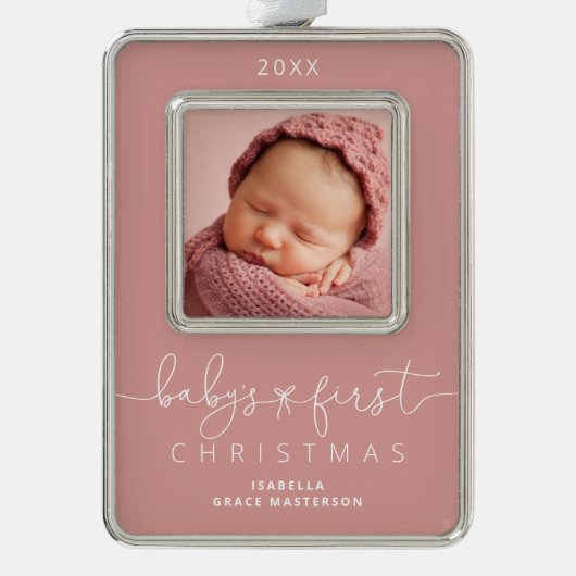 Gepersonaliseerde baby's 1e kerstfoto verzilverd omlijst ornament (Voorkant)