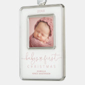 Gepersonaliseerde baby's 1e kerstfoto verzilverd omlijst ornament (Links)