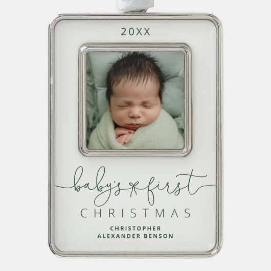 Gepersonaliseerde baby's 1e kerstfoto verzilverd omlijst ornament (Voorkant)