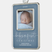 Gepersonaliseerde baby's 1e kerstfoto verzilverd omlijst ornament (Links)