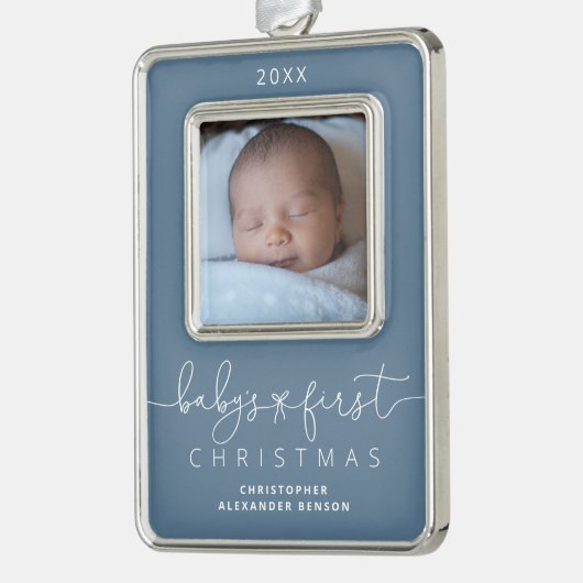 Gepersonaliseerde baby's 1e kerstfoto verzilverd omlijst ornament (Links)