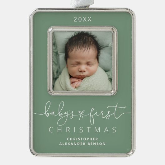 Gepersonaliseerde baby's 1e kerstfoto verzilverd omlijst ornament (Voorkant)