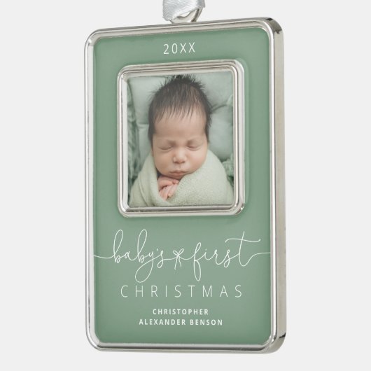 Gepersonaliseerde baby's 1e kerstfoto verzilverd omlijst ornament (Links)