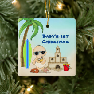 Gepersonaliseerde baby's 1e kerstman-strand keramisch ornament
