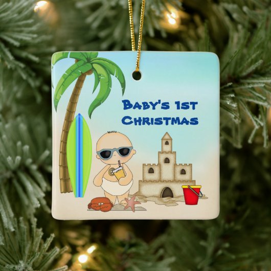 Gepersonaliseerde baby's 1e kerstman-strand keramisch ornament (Boom)