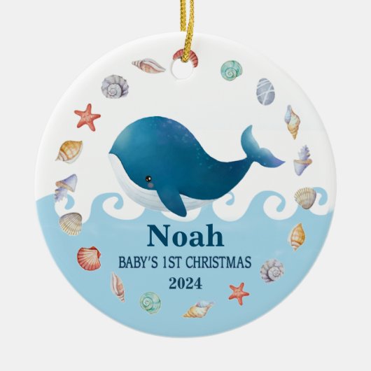 Gepersonaliseerde Baby's 1e Kerstwalvis met Foto Keramisch Ornament (Voorkant)