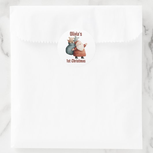 Gepersonaliseerde Baby's 1st Christmas Santa Ronde Sticker (Tas)