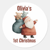 Gepersonaliseerde Baby's 1st Christmas Santa Ronde Sticker (Voorkant)