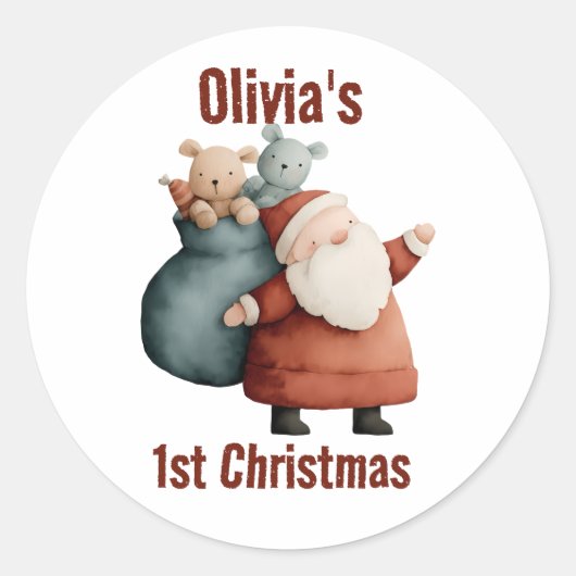 Gepersonaliseerde Baby's 1st Christmas Santa Ronde Sticker (Voorkant)