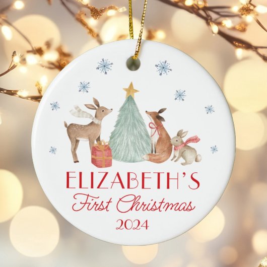 Gepersonaliseerde Baby's Eerste Kerstdieren Keramisch Ornament