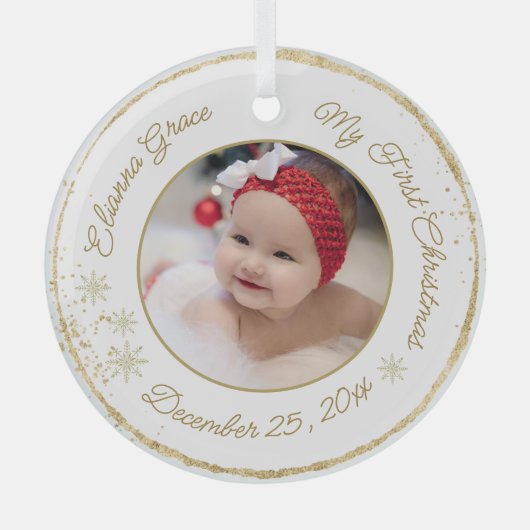 Gepersonaliseerde baby's eerste kerstfoto Glitter Glas Ornament (Voorkant)