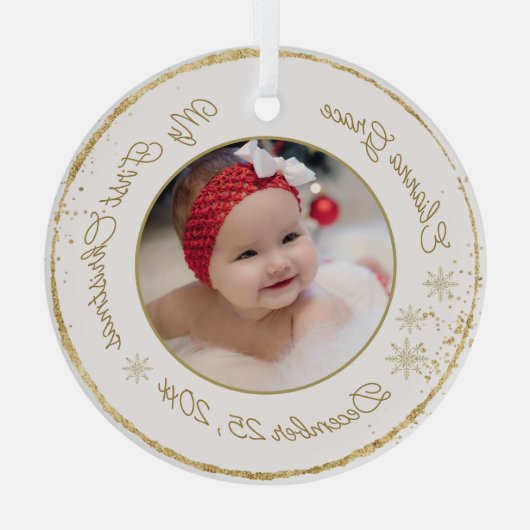 Gepersonaliseerde baby's eerste kerstfoto Glitter Glas Ornament (Achterkant)