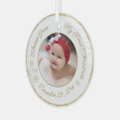 Gepersonaliseerde baby's eerste kerstfoto Glitter Glas Ornament (Voorkant links)