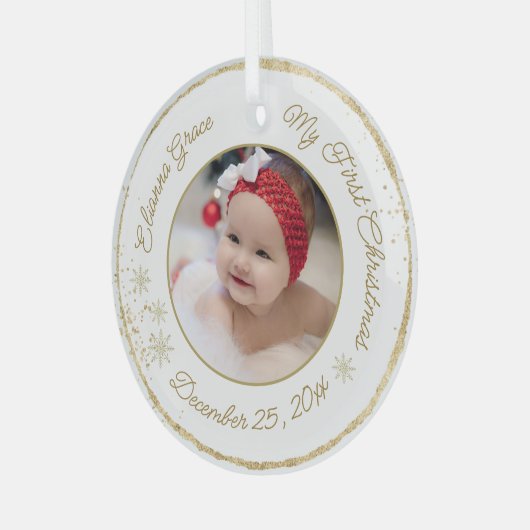 Gepersonaliseerde baby's eerste kerstfoto Glitter Glas Ornament (Voorkant links)